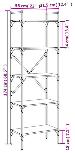 Βιβλιοθήκη 5 Επιπέδων Μαύρη 56x31,5x174 εκ. από Επεξ. Ξύλο - Μαύρο