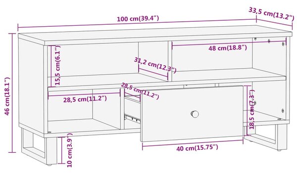 Έπιπλο Τηλεόρασης Καφέ/Μαύρο 100x33,5x46 εκ. Μασίφ Ξύλο Μάνγκο - Καφέ