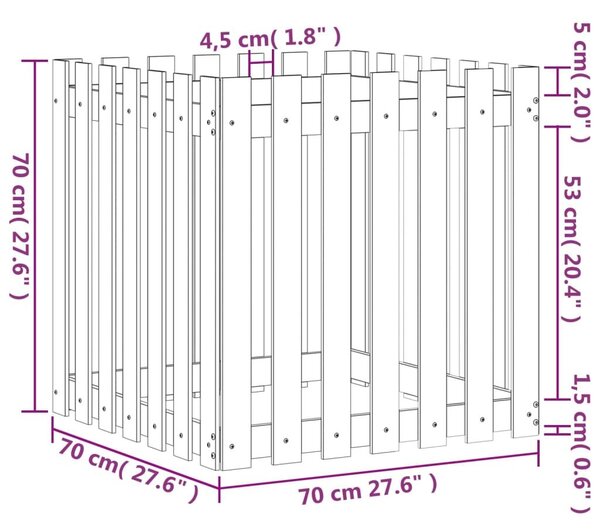 Ζαρντινιέρα με Σχέδιο Φράχτη Μαύρη 70 x 70 x 70 εκ. Μασίφ Πεύκο - Μαύρο