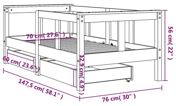 Πλαίσιο Παιδ. Κρεβατιού με Συρτάρια Λευκό 70x140εκ. Μασίφ Πεύκο - Λευκό