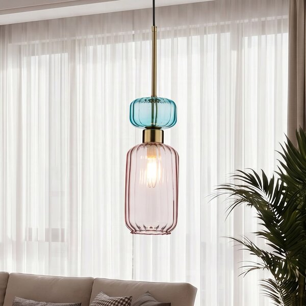 Milagro Lighting Κρεμαστό φωτιστικό Molly, ροζ/χρυσό, 1 φως, γυαλί, Ø 12 cm, ρυθμιζόμενος, Ροζ / Ροζέ, Σαλόνι / τραπεζαρία, Γυαλί, σύγχρονο