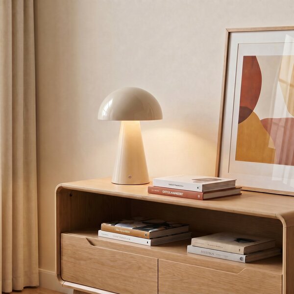 Lindby LED επαναφορτιζόμενο επιτραπέζιο φωτιστικό Nevijo, μπεζ, Ø20cm,, ρυθμιζόμενος, Μπεζ, Σαλόνι / τραπεζαρία, Μέταλλο, σύγχρονο