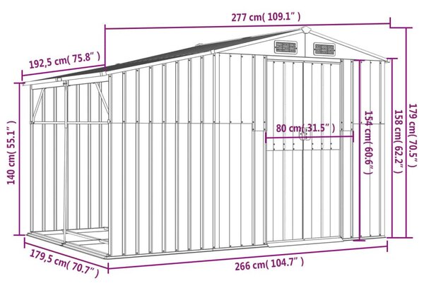 Αποθήκη Κήπου Γκρι 277x192,5x179 εκ. από Γαλβανισμένο Ατσάλι - Γκρι
