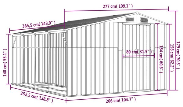 Αποθήκη Κήπου Γκρι 277x365,5x179 εκ. από Γαλβανισμένο Ατσάλι - Γκρι