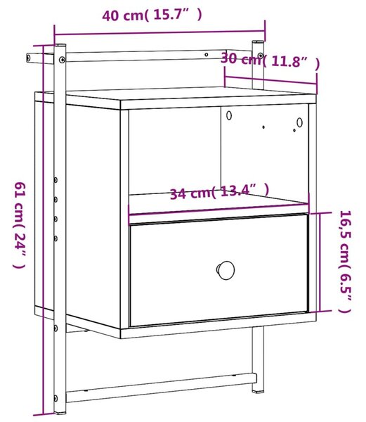 Κομοδίνο Επιτοίχιο Μαύρο 40 x 30 x 61 εκ. από Επεξεργ. Ξύλο - Μαύρο