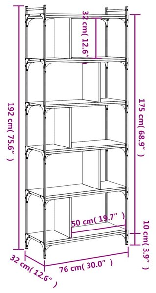 Βιβλιοθήκη 6 Επιπέδων Γκρι Sonoma 76 x 32 x 192 εκ. Επεξ. Ξύλο - Γκρι