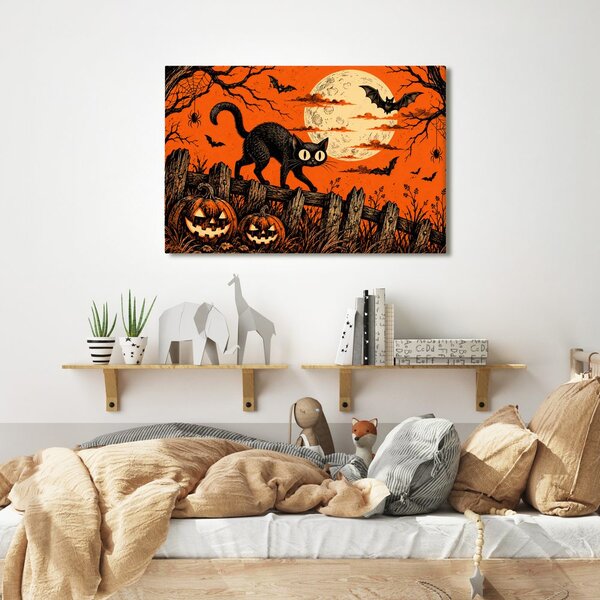Πίνακας σε καμβά μαύρη γάτα κάτω από το φεγγάρι