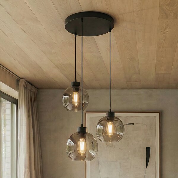 TK Lighting Cubus κρεμαστό φωτιστικό, Ø 50 cm, 3-φωτιστικό, γκρι καπνιστό, γυαλί, ρυθμιζόμενος, Γκρι, Σαλόνι / τραπεζαρία, Γυαλί, σύγχρονο