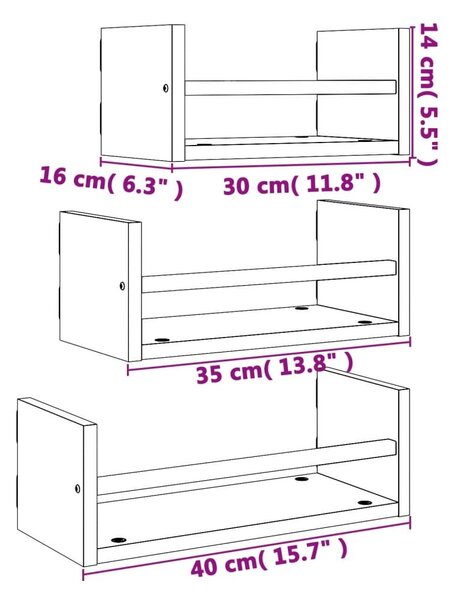 Ράφια Τοίχου Σετ 3 τεμ. με Μπάρες Καπνιστή Δρυς Επεξεργ. ξύλο - Καφέ
