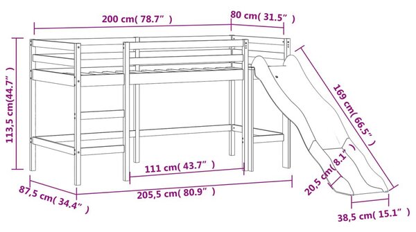 Κρεβάτι Παιδικό με Τσουλήθρα Λευκό 80x200εκ. Μασίφ Ξύλο Πεύκου - Λευκό