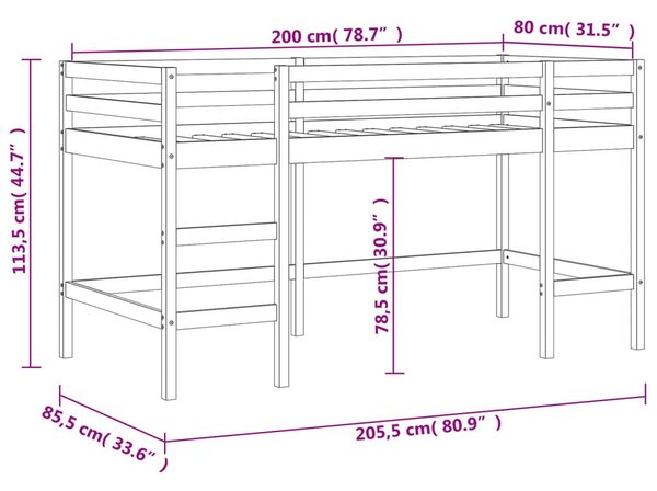 Κρεβάτι Παιδικό Υπερ. Σκάλα Μαύρη 80x200εκ. Μασίφ Ξύλο Πεύκου - Μαύρο