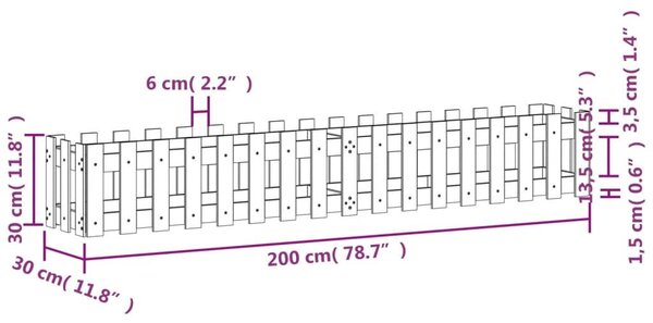 Ζαρντινιέρα με Σχέδιο Φράχτη Μαύρη 200x30x30 εκ. Μασίφ Πεύκο - Μαύρο