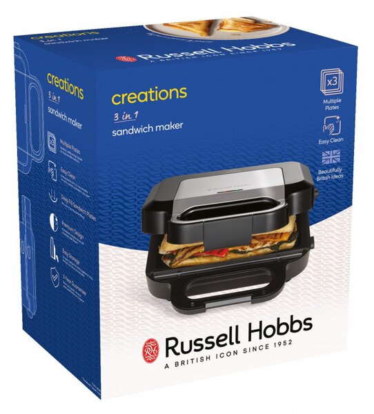 Συσκευή 3 σε 1 Russell Hobbs Creation 26810-56, 750W, 3 αφαιρούμενες πλάκες, Γκριλ, Βάφλες, Σάντουιτς, Ανοξείδωτο, Μαύρο