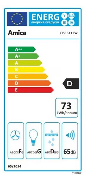 Κουκούλα AMICA OSC6112W, 197 m3/h, 118W, Class D, 3 στάδια, 65 dBA, 60 cm, φίλτρο άνθρακα, Λευκό