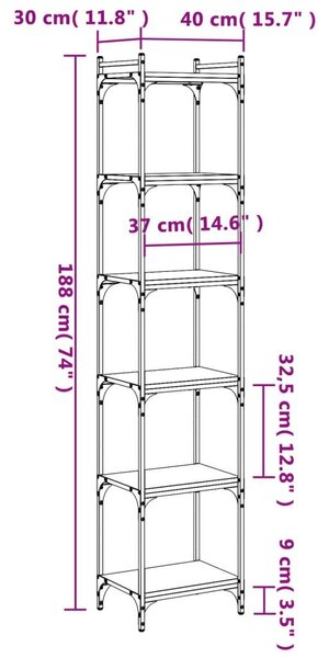 Βιβλιοθήκη 6 Επιπέδων Γκρι Sonoma 40x30x188 εκ. Επεξεργ. Ξύλο - Γκρι