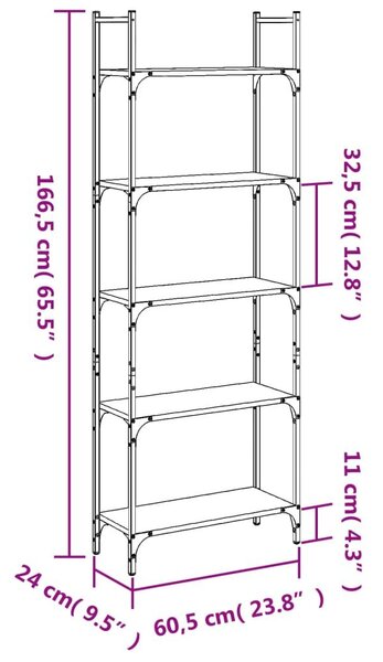 Βιβλιοθήκη 5 Επιπέδων Καπν. Δρυς 60,5x24x166,5εκ. Επεξεργ. Ξύλο - Καφέ