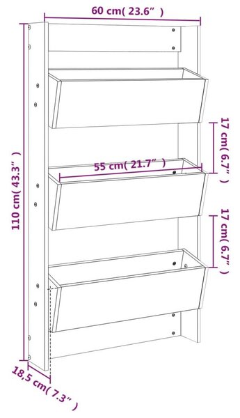 Ζαρντινιέρα Τοίχου 3 Επιπέδων Γκρι 60x18,5x110 εκ. Μασίφ Πεύκο - Γκρι