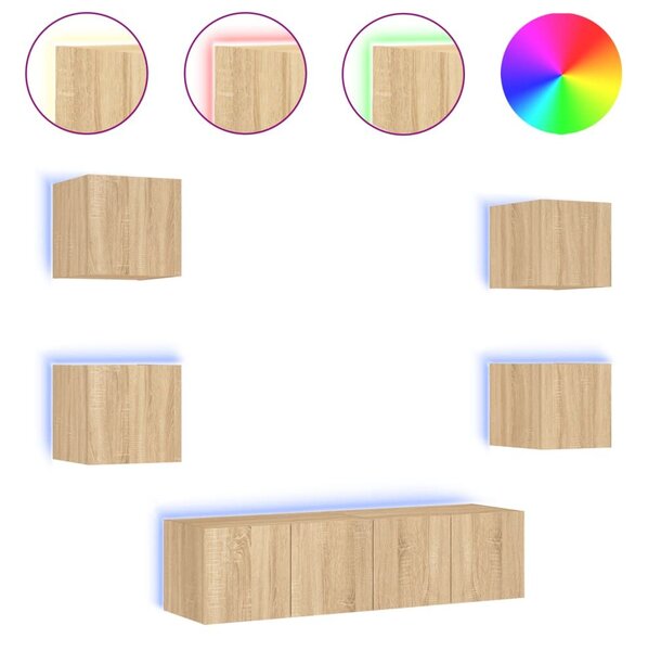 Έπιπλα Τοίχου Τηλεόρασης 6 τεμ. LED Sonoma Δρυς από Επεξ. Ξύλο - Καφέ