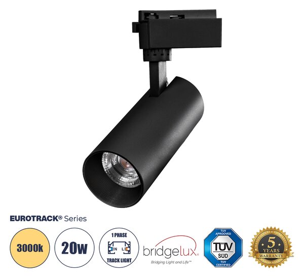 Globostar BEAMTRACK 60811 Μονοφασικό Φωτιστικό Σποτ Ράγας LED 20W 230V 2400lm 30° Acrylic HQ LENS AC 220-240V IP20 Φ6.2 x Υ15.8 cm Θερμό Λευκό 3000k - EUROTRACK® System 1L+1N - Μαύρο - Bridgelux Chip - TUV Certified Driver - 5 Χρόνια Εγγύηση