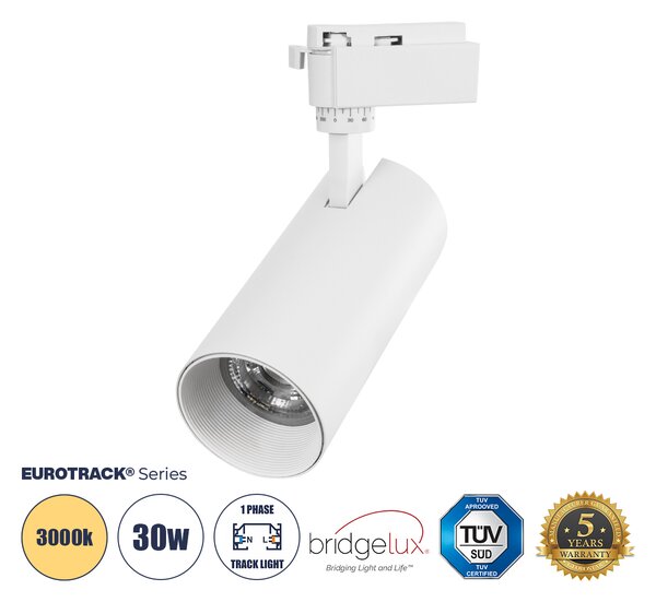 Globostar BEAMTRACK 60814 Μονοφασικό Φωτιστικό Σποτ Ράγας LED 30W 230V 3600lm 30° Acrylic HQ LENS AC 220-240V IP20 Φ7.4 x Υ17.9cm Θερμό Λευκό 3000k - EUROTRACK® System 1L+1N - Λευκό - Bridgelux Chip - TUV Certified Driver - 5 Χρόνια Εγγύηση