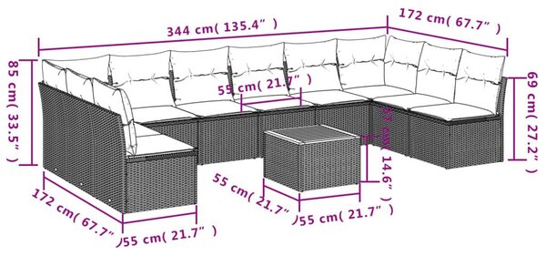 Σαλόνι Κήπου 11 Τεμαχίων Γκρι από Συνθετικό Ρατάν με Μαξιλάρια - Γκρι