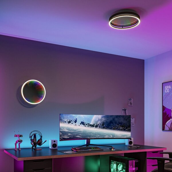 Paulmann Φωτιστικό οροφής LED Spaceglow One, μαύρο, Ø39cm RGBW, ρυθμιζόμενος, Μαύρο, Διάδρομος, Πλαστικό, σύγχρονο