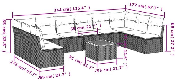 Σαλόνι Κήπου Σετ 11 τεμ. Μπεζ Συνθετικό Ρατάν με Μαξιλάρια - Μπεζ