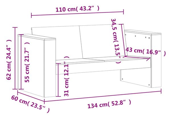 Καναπές Κήπου Διθέσιος Καφέ 134x60x62 εκ. Μασίφ Ξύλο Πεύκου - Καφέ