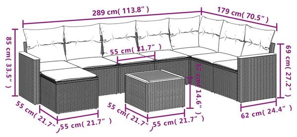 Σαλόνι Κήπου Σετ 9 Τεμαχίων Γκρι Συνθετικό Ρατάν με Μαξιλάρια - Γκρι