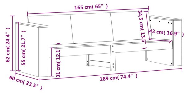 Καναπές Κήπου Τριθέσιος Καφέ 189x60x62 εκ. Μασίφ Ξύλο Πεύκου - Καφέ