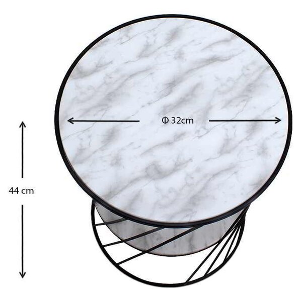 Βοηθητικό τραπεζάκι Jaspin Megapap μεταλλικό - Mdf χρώμα μαύρο-λευκό εφέ μαρμάρου 32x32x44εκ