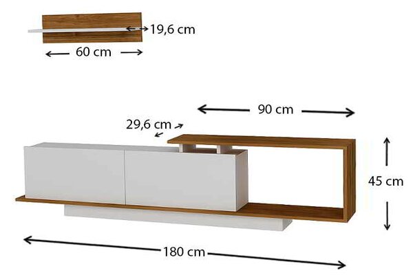 Έπιπλο τηλεόρασης Novara Megapap από μελαμίνη χρώμα λευκό - καρυδί 180x29,6x45εκ