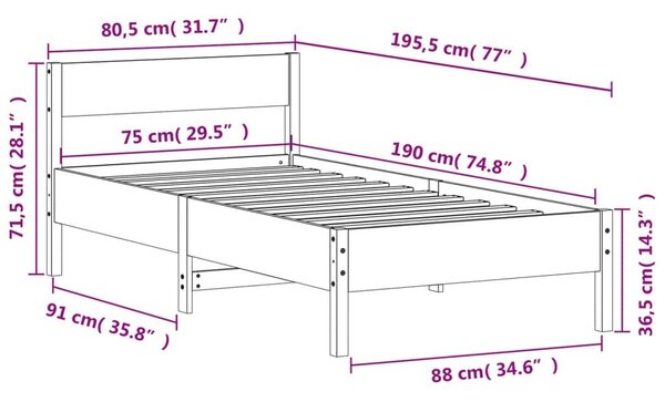 Σκελετός Κρεβατιού Χωρίς Στρώμα 75x190 εκ Μασίφ Ξύλο Πεύκου - Καφέ