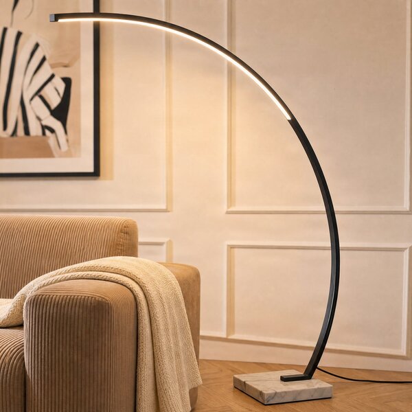Lindby LED τοξωτό φωτιστικό δαπέδου Kendra, μαύρο, αλουμίνιο, ύψος 180cm, ρυθμιζόμενος, Μαύρο, Σαλόνι / τραπεζαρία, Μέταλλο, σύγχρονο
