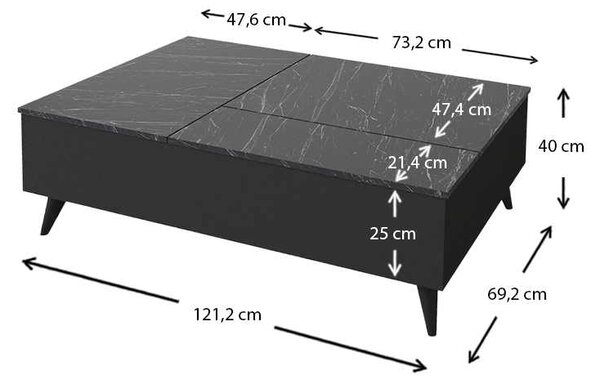 Τραπεζάκι σαλονιού Roy Megapap με σερβιτόρο από μελαμίνη χρώμα μαύρο - εφέ μαρμάρου 121x69x40εκ