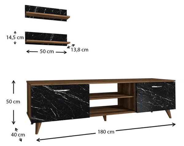 Έπιπλο τηλεόρασης Geacles Megapap από μελαμίνη χρώμα καρυδί - μαύρο εφέ μαρμάρου 180x40x50εκ