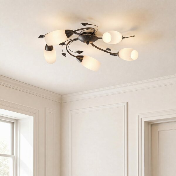 Lindby Φωτιστικό οροφής Stefania, 5-φωτο, μαύρο/χρυσό, Ø58cm, ρυθμιζόμενος, Καφέ / Σκουριάς, Σαλόνι / τραπεζαρία, Μέταλλο, Αντίκα