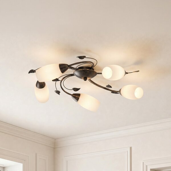 Lindby Φωτιστικό οροφής Stefania, 5-φωτο, μαύρο/χρυσό, Ø58cm, ρυθμιζόμενος, Καφέ / Σκουριάς, Σαλόνι / τραπεζαρία, Μέταλλο, Αντίκα