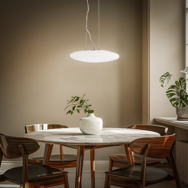 Lindby LED κρεμαστό φωτιστικό Gunda, λευκό, γυαλί, Ø 47 cm, ρυθμιζόμενο, ρυθμιζόμενος, Λευκό, Σαλόνι / τραπεζαρία, Γυαλί, σύγχρονο