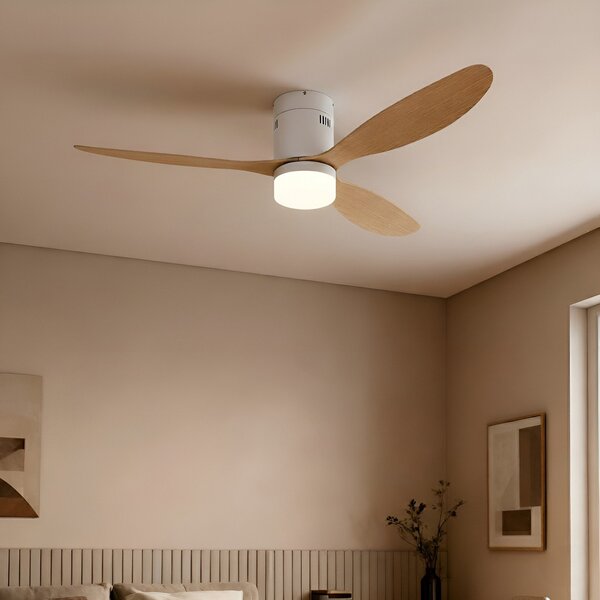 Lucande Ανεμιστήρας οροφής LED Kayu, λευκό/ξύλο, DC, 132 cm, Ξύλου, Σαλόνι / τραπεζαρία, Πλαστικό, σύγχρονο