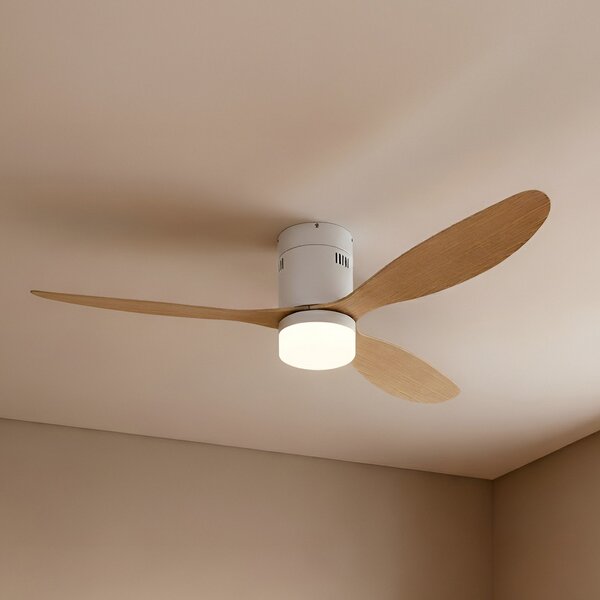 Lucande Ανεμιστήρας οροφής LED Kayu, λευκό/ξύλο, DC, 132 cm, Ξύλου, Σαλόνι / τραπεζαρία, Πλαστικό, σύγχρονο