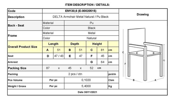 Πολυθρόνα 25x25mm DELTA Μεταλ.Φυσικό/PU Μαύρο