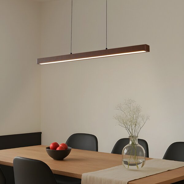 Lucande LED κρεμαστό φωτιστικό Emara, σκούρο ξύλο, δρυς, CCT, ρυθμιζόμενος, Ξύλου, Σαλόνι / τραπεζαρία, Ξύλο, σχεδιασμός