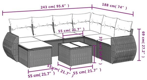 Σαλόνι Κήπου Σετ 8 Τεμαχίων Γκρι Συνθετικό Ρατάν με Μαξιλάρια - Γκρι