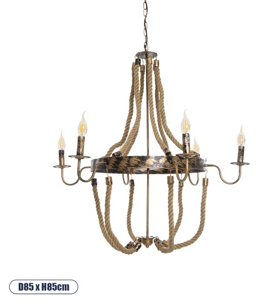 GloboStar® VICTORIAN 01404 Vintage Κρεμαστό Φωτιστικό Πολύφωτο 6 x E14 IP20 Χάλκινο Μέταλλο με Μπεζ Σχοινί Μ85 x Π85 x Y85cm