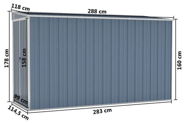 Αποθήκη Κήπου Επιτοίχια Γκρι 118x288x178 εκ από Γαλβ. Ατσάλι - Γκρι