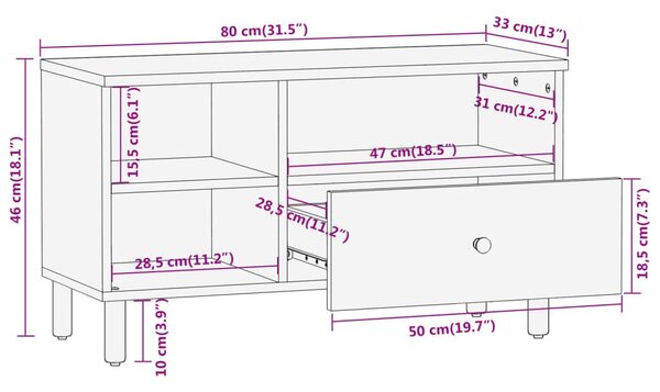 Έπιπλο Τηλεόρασης 80 x 33 x 46 εκ. από Μασίφ Ξύλο Μάνγκο - Καφέ