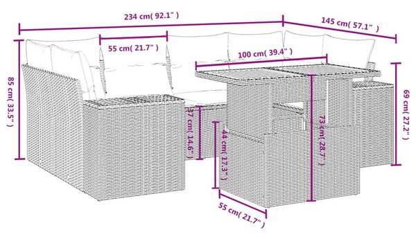 Καναπές Σετ 7 Τεμαχίων Μαύρο Συνθετικό Ρατάν με Μαξιλάρια - Μαύρο