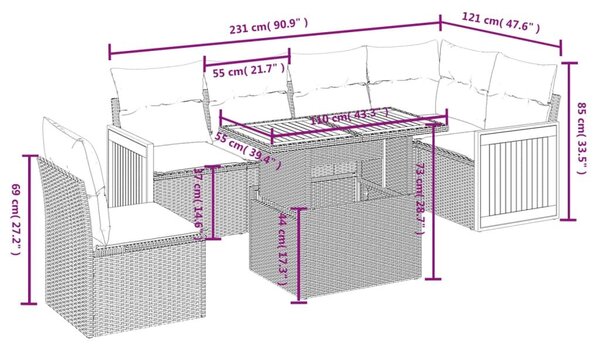 Καναπές Σετ 7 Τεμαχίων Μαύρο Συνθετικό Ρατάν με Μαξιλάρια - Μαύρο