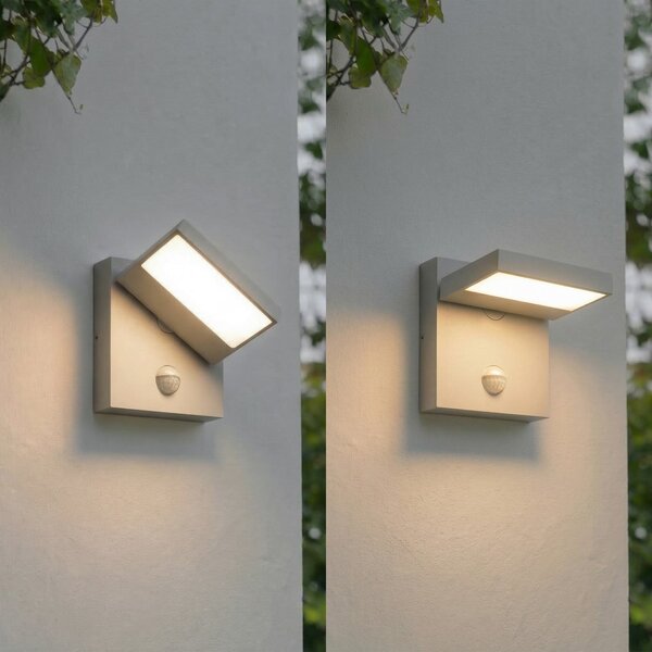 Lucande Εξωτερικός φωτιστικός τοίχου LED Silvan, γκρι πέτρα, αισθητήρας, IP54, Γκρι, Αλουμίνιο, σύγχρονο